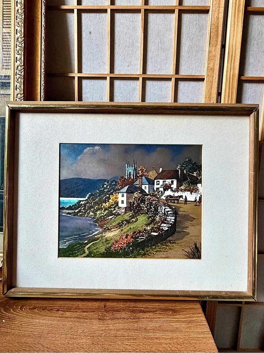 Vintage European Coastal Village Framed Art Landscape Gold Tone Frame Imported f